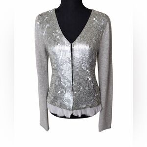 Silver Sequin Cashmere GrayCardigan Glam Fairycore Party Holiday Sweater Medium